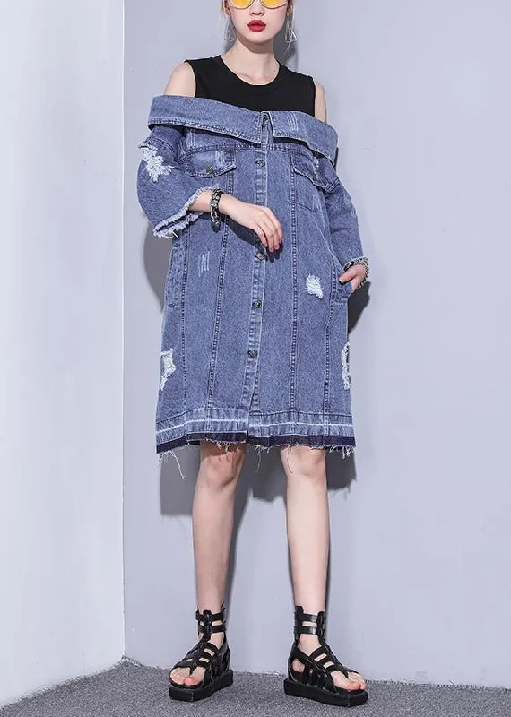 Comfortable Sweaters 100% denim blue Cotton Long Shirts Slash neck oversized summer Dresses