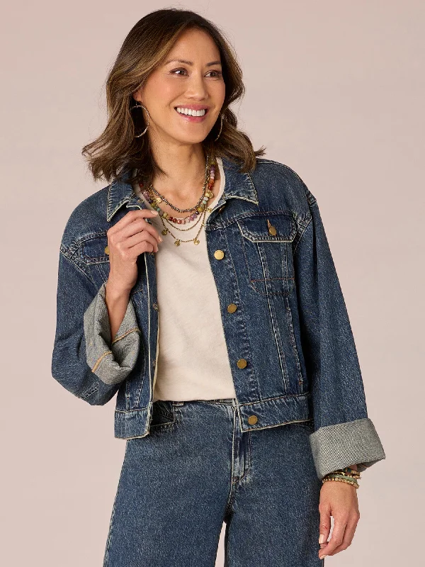 Breezy Comfort Long Wide Fixed Cuff Sleeve Button Front Denim Jacket