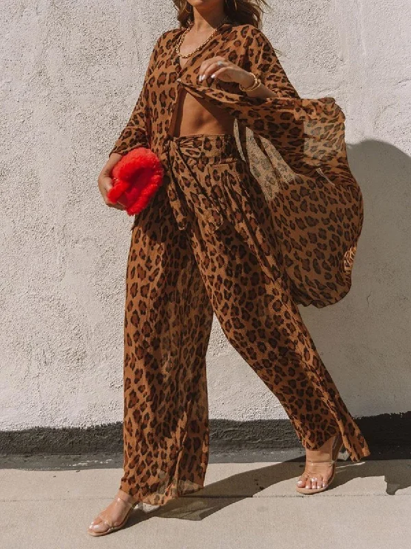 Breezy Style Retro Fashion Casual Loose Shirt Pants Leopard Print Suit