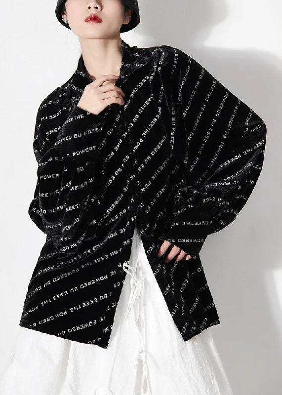 Stylish Wear loose Black Peter Pan Collar button Graphic Shirt Spring