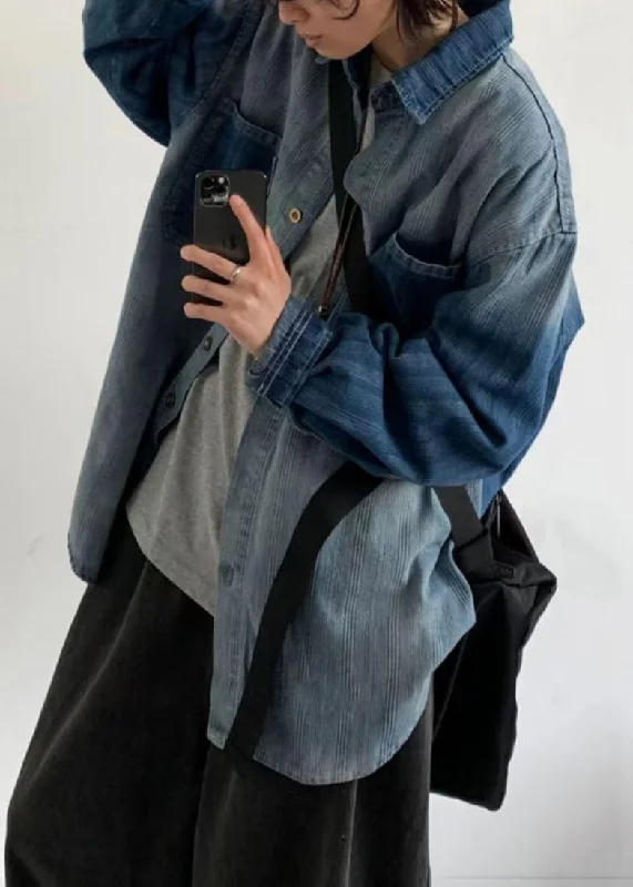 Effortless Outfits Vintage Gradient Color Peter Pan Collar Button Denim Mens Shirts Spring Effortless Outfits Vintage Gradient Color Peter Pan Collar Button Denim Mens Shirts Spring