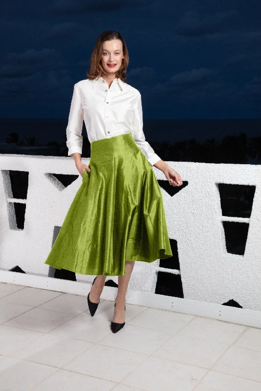 Casual Chic Wear Mid-Calf Skirt Green Silk