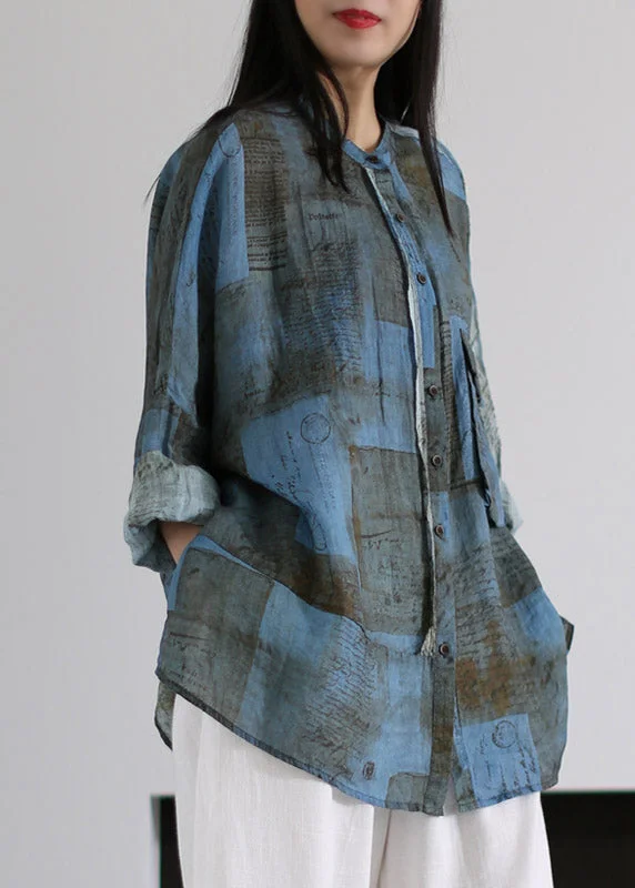 Stylish Ease Loose Blue O-Neck Print Button Pockets Linen Tops Long Sleeve