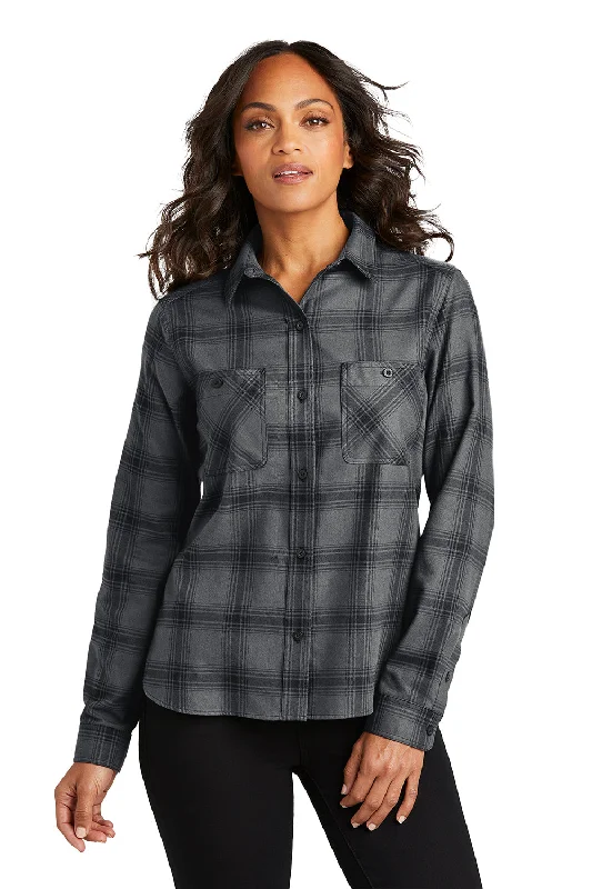 Everyday Comfort Port Authority Womens Plaid Flannel Long Sleeve Button Down Shirt w/ Double Pockets - Grey/Black Plaid