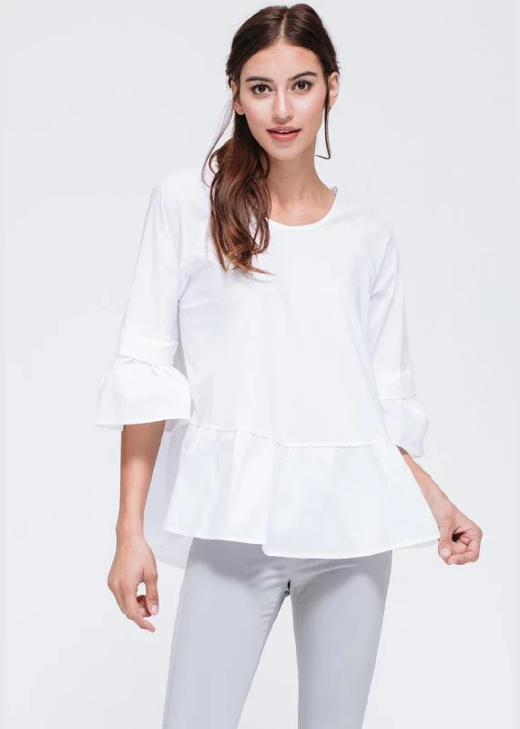 Cozy Knits Women's Ruffle Hem Crew Neck Top In White