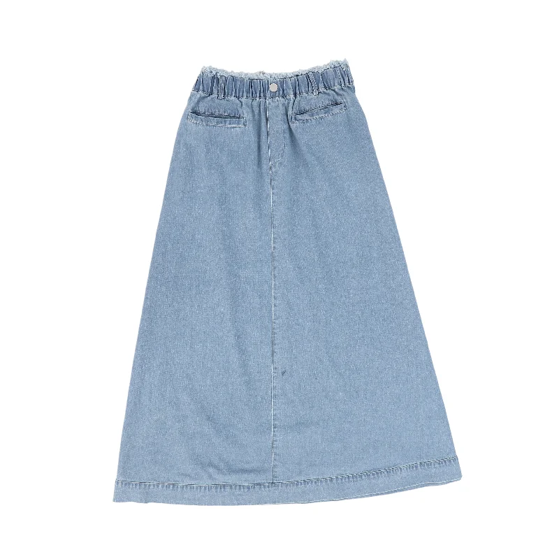 Urban Comfort C-19215-Denim Fringe Waist Maxi Skirt -LT Blue Denim
