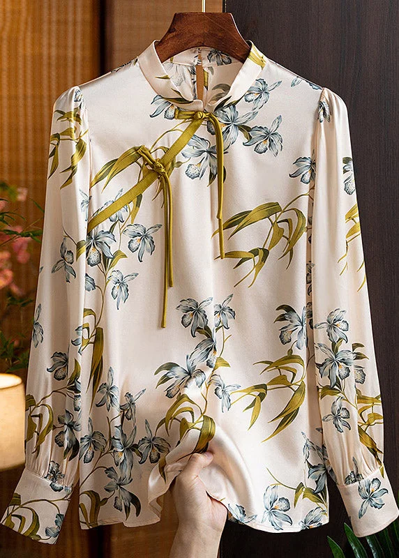 Relaxed Dresses Loose Stand Collar Lace Up Button Print Silk Tops Long sleeve