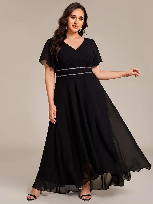 Sporty Comfort Yolanda | Plus Size V-Neck Rhinestone Waist Chiffon Maxi Formal Evening Dress