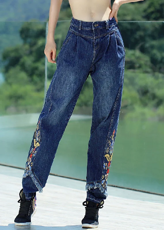 Simple Chic Retro Denim Blue Button Embroideried Floral Straight Pants Spring