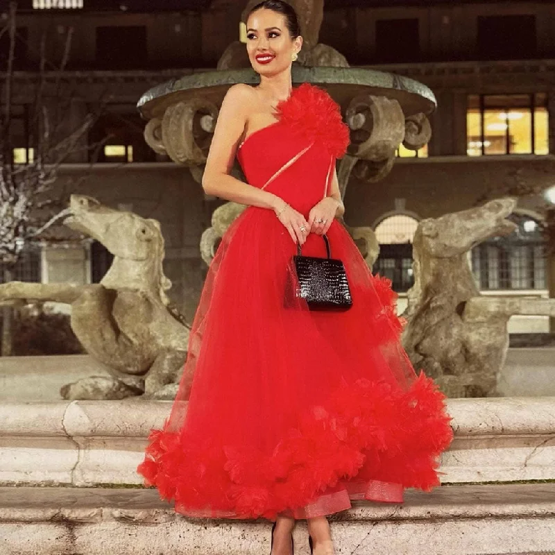 Cozy Dress Exaggerated 3D Floral Applique Tulle One Shoulder Fit and Flare Gown Maxi Dress