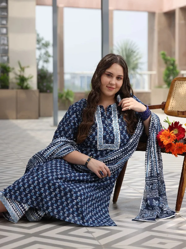 Layered Style Plus Size Blue Printed Cotton Straight Suit With Dupatta
