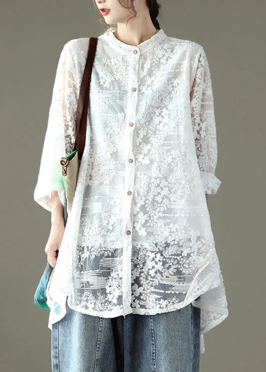 Cozy Chic Wear Loose White 2025 Hollow Out Lace UPF 50+ Shirts Long Sleeve