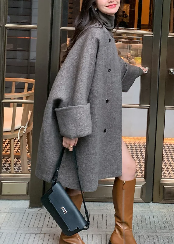 Warm Layers Elegant Grey O-Neck Button Woolen Coats Long Sleeve