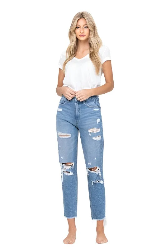 Warm Layers Distressed Raw Hem Mom Jeans