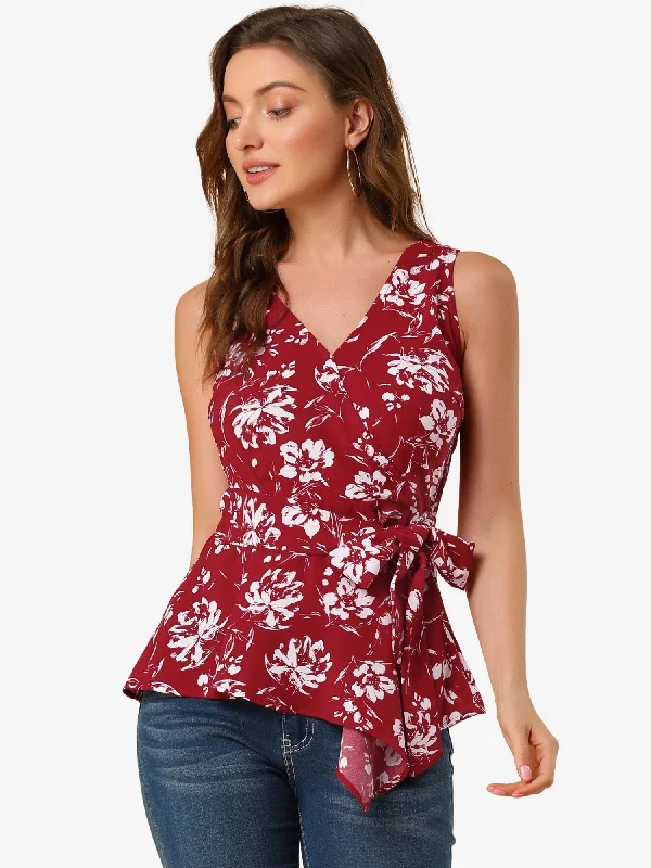 Relaxed Fashion Sleeveless V Neck Tie Waist Asymmetric Hem Floral Peplum Top