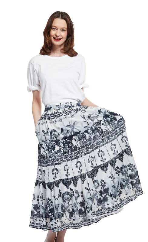 Versatile Comfort Woodstock Skirt with Grey Ikat Print
