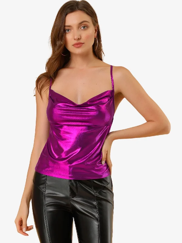 Warm Layers Metallic Glitter Spaghetti Strap Camisole Cowl Neck Sparkly Club Top