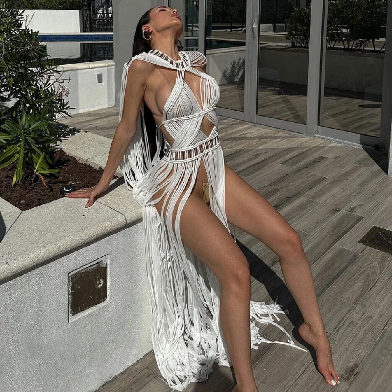 Soft Comfort Sexy Metal Detail Macrame Cape High Neck Cut Out Backless Maxi Sheer Fringe Dress Soft Comfort Sexy Metal Detail Macrame Cape High Neck Cut Out Backless Maxi Sheer Fringe Dress