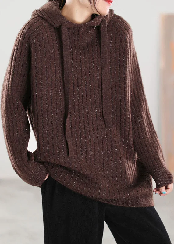 Elegant Dressing Plus Size Chocolate Hooded drawstring Knitted Tops Spring