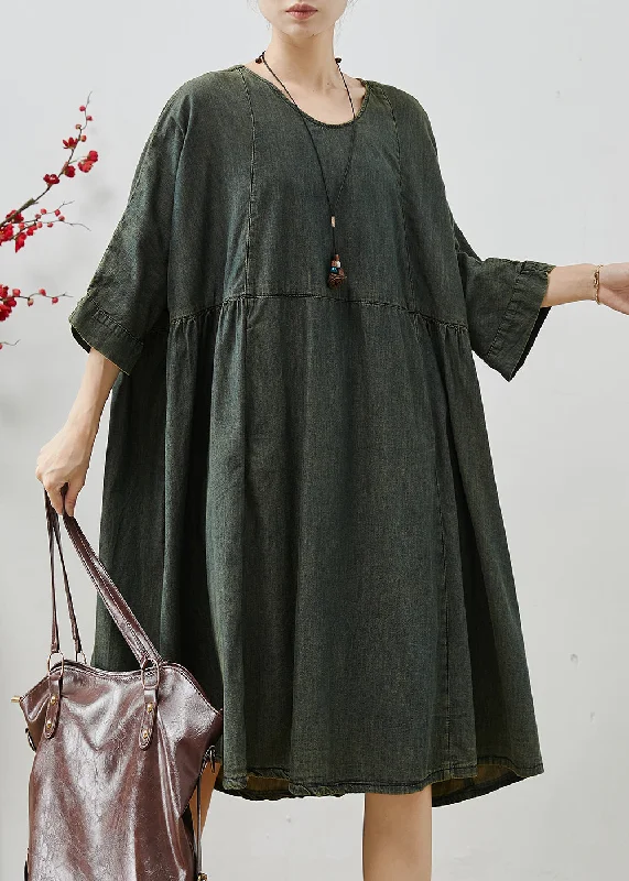 Relaxed Fit Wear Blackish Green Patchwork Denim Work Dress Oversized Summer