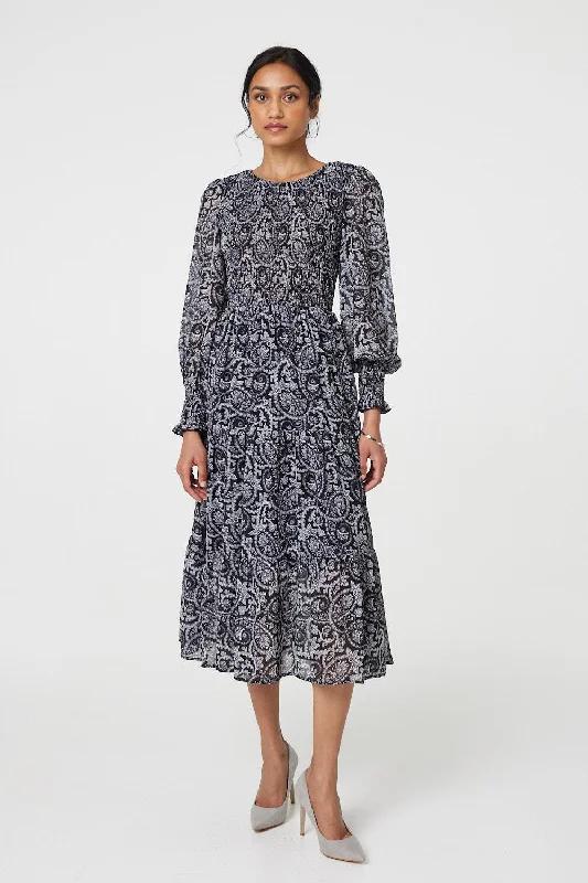 Light Comfort Paisley Long Puff Sleeve Midi Smock Dress