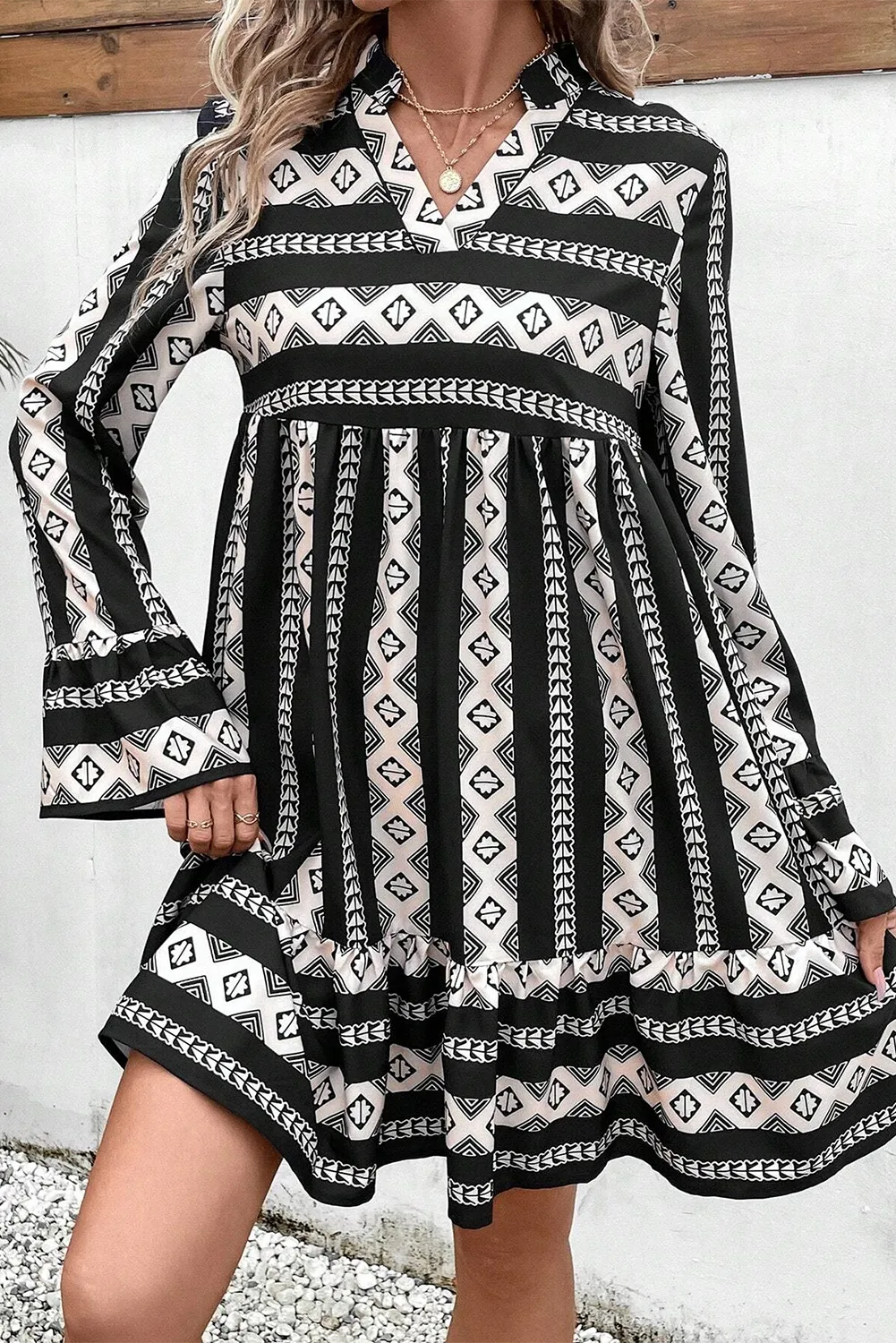 Cozy Shirts Country Black White Ruffle Hem Geometric Notched Flare Dress with Long  Sleeve