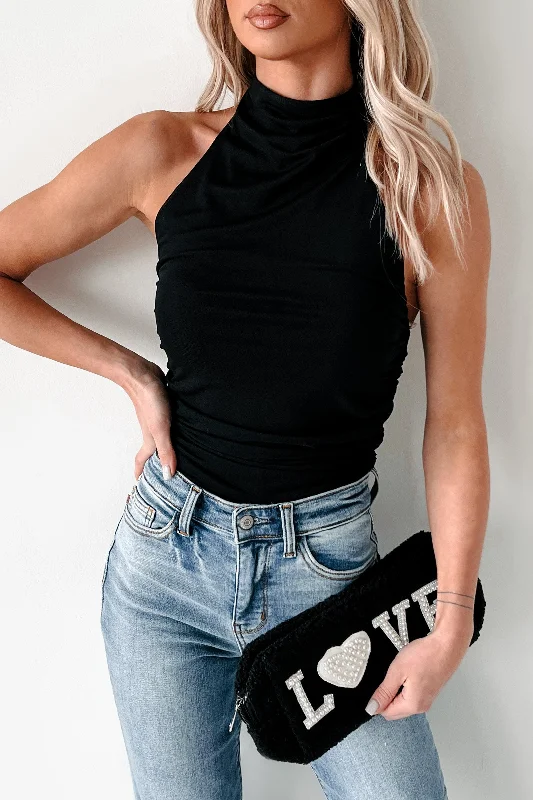 Easy Comfort Style Sultry Attitude Ruched Mesh Halter Top (Black)