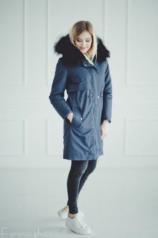 Layered Comfort Rabbit Fur Parka Coat (Blue)
