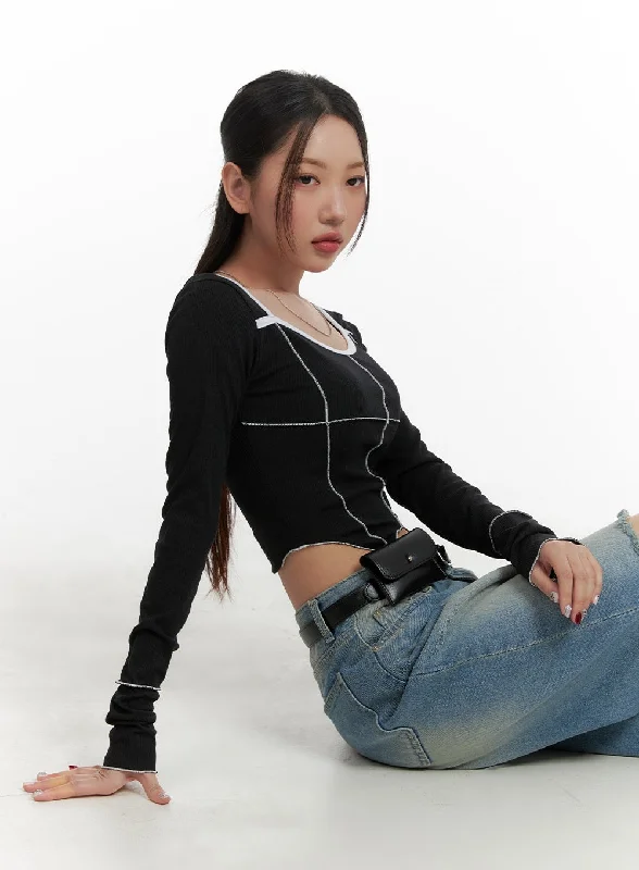 Relaxed Fit U Neck Stitched Detail Cropped Long Sleeve CA416