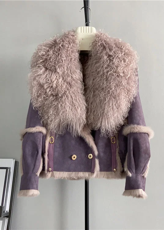 Urban Chic French Purple Wool Collar Patchwork Leather And Fur Jacket Winter