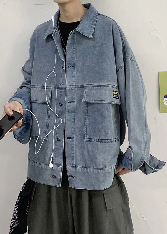 Effortless Elegance Plus Size Blue Peter Pan Collar Button Pockets Denim Men Coat Spring