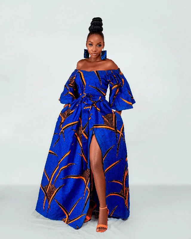 Easygoing Fashion Toni Ankara Off shoulder Maxi Dress | Blue and Orange African Print Easygoing Fashion Toni Ankara Off shoulder Maxi Dress | Blue and Orange African Print
