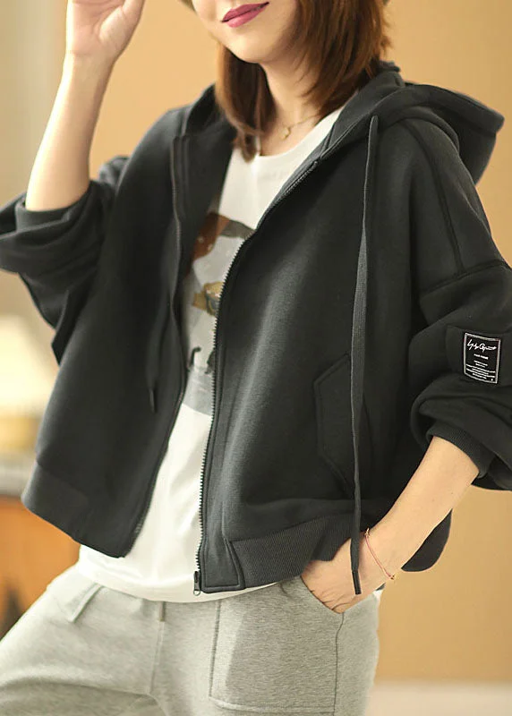 Soft Textures New Black Hooded Zippered Pockets Fall Jackets Long Sleeve
