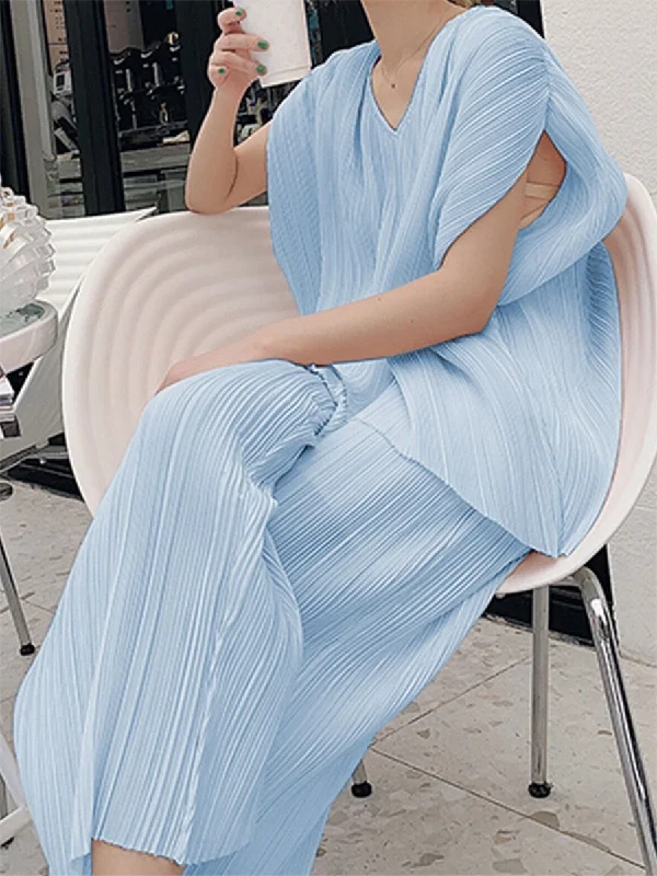 Stylish Ease Simple Casual Loose And Comfortable V Neck Top Pants Suit