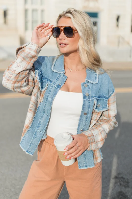 Breathable Style Leads To You Brown Plaid and Denim Jacket SALE