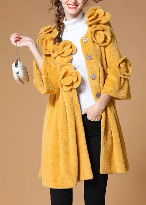 Soft Layers Luxury Yellow Pockets Button Floral Fall Coat