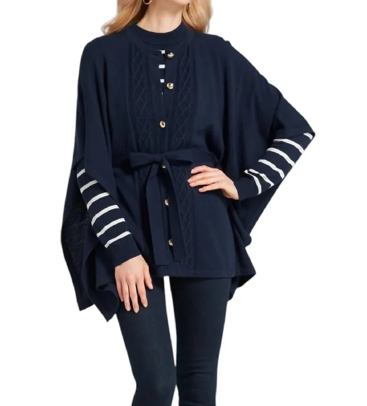 Breathable Style Cable Knit Sweater Cape In Nassau Navy