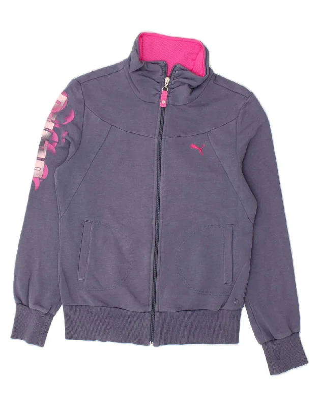 Comfy Layers PUMA Womens Graphic Tracksuit Top Jacket UK 12 Medium Blue Cotton