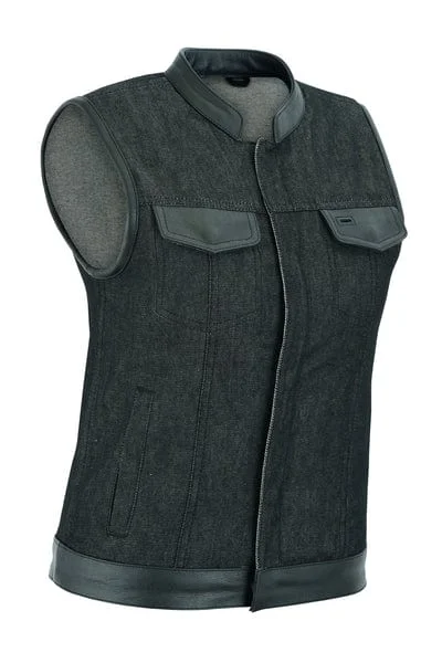 Casual Chic Wear Women's Rough Rub-Off Raw Finish Denim Vest W/Leather Trim