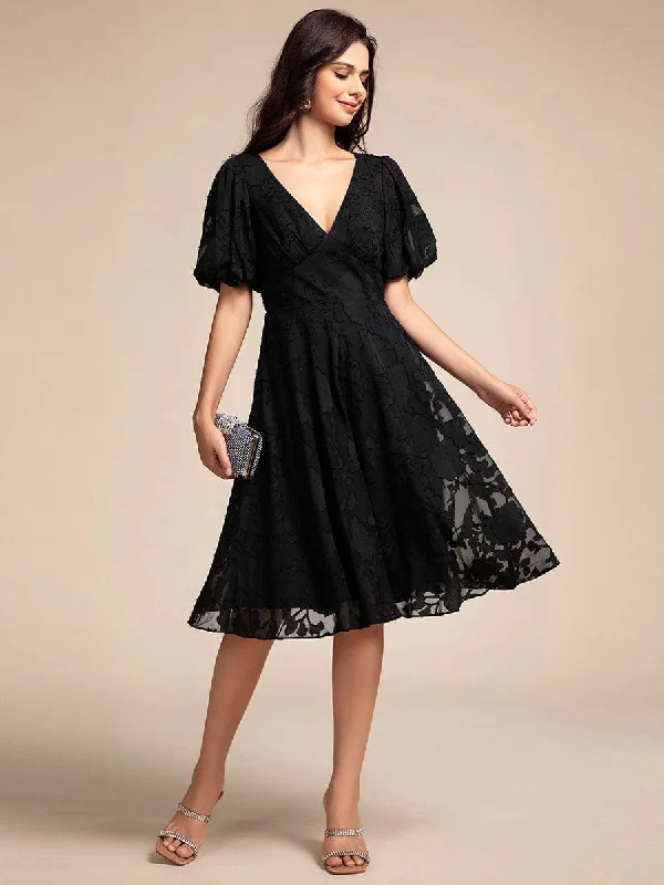 Relaxed Fit Wear Puff Sleeve V-Neck Midi Wedding Guest Dress