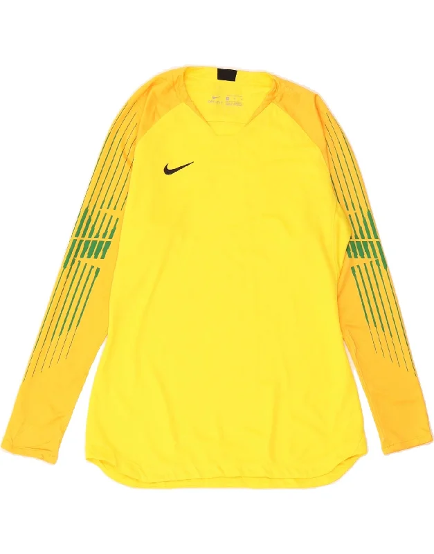 Versatile Casuals NIKE Womens Dri Fit Top Long Sleeve UK 14 Medium Yellow Striped Polyester