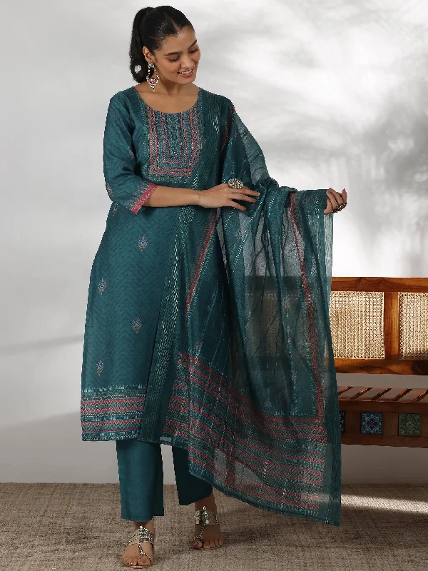 Comfort Fit Teal Green Printed Silk Blend Straight Suit With Dupatta