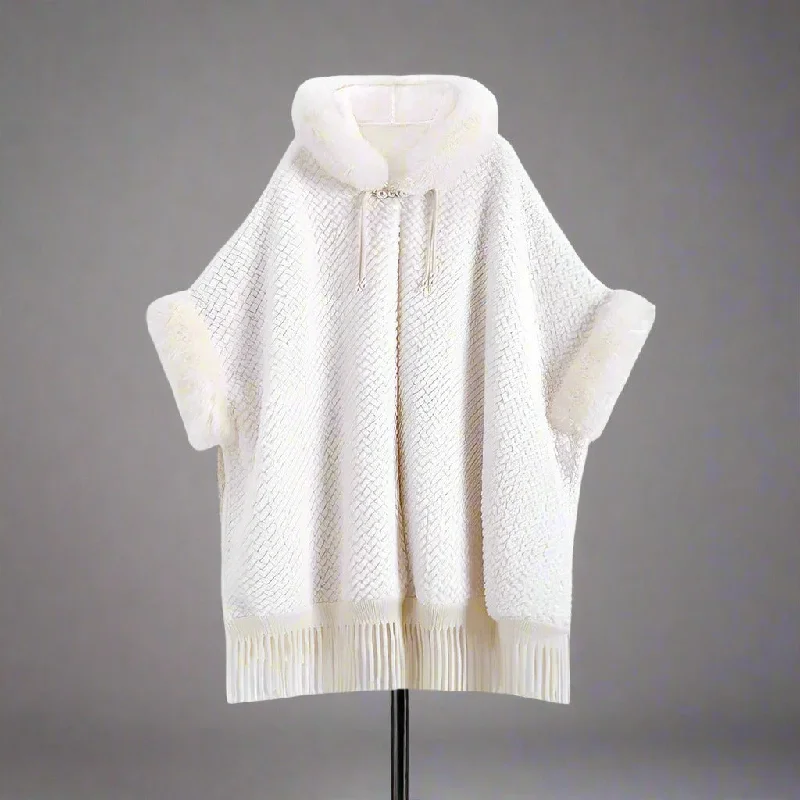 Soft Layers Elegant White Buckle Hooded Hanfu Shawl Cloak with Twill Rabbit Fur and Tassel Details