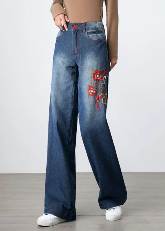 Effortless Dressing Retro Blue Embroideried Pockets Patchwork Denim Wide Leg Pants Spring Effortless Dressing Retro Blue Embroideried Pockets Patchwork Denim Wide Leg Pants Spring