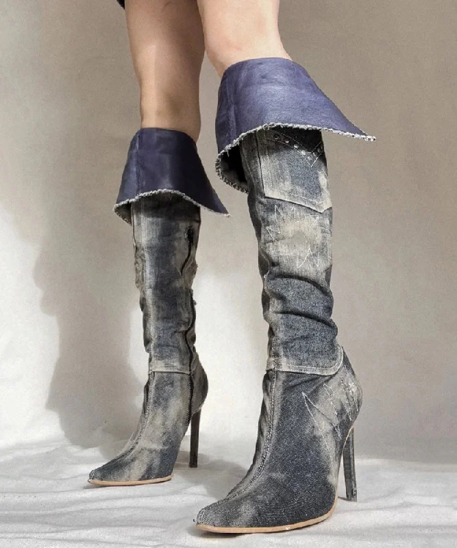 Chic Outfits American Style Spicy Girl Pointed Denim Knee High Boots