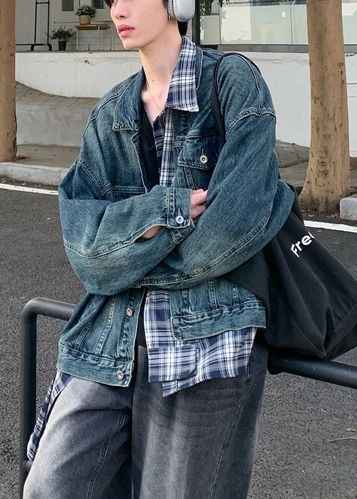 Cozy Fit Wear Chic Blue Plaid Pockets Patchwork Denim Mens Coats Spring