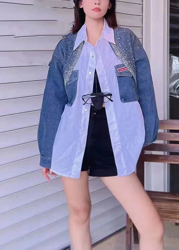 Stylish Ease Loose Blue Peter Pan Collar Pockets Patchwork Button Denim Coats Spring