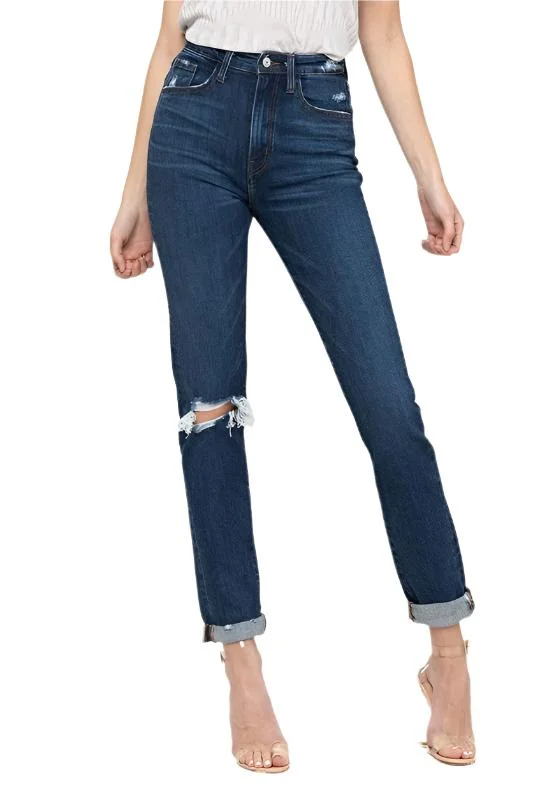 Summer Comfort Distressed Roll Up Stretch Mom Jeans