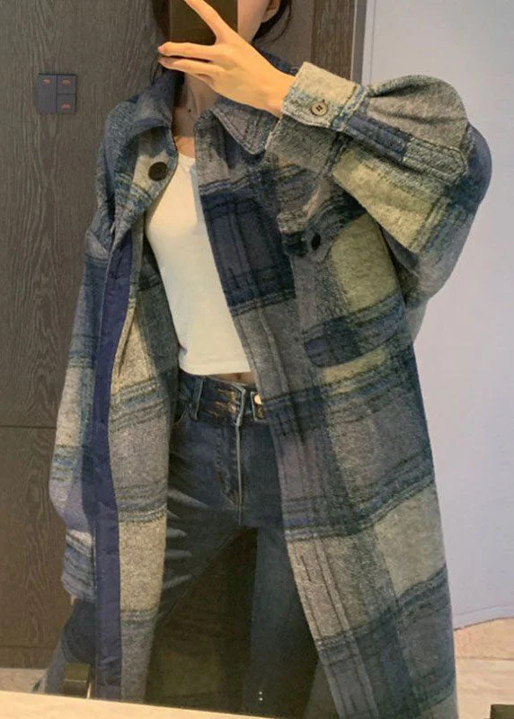 Cozy Fitting Club Grey Blue Plaid Button side open Fall Woolen Long sleeve Trench