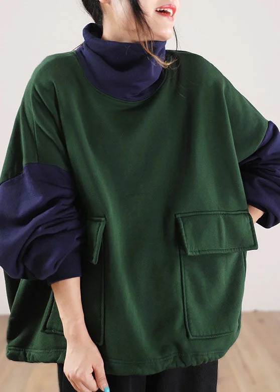 Light Fit Plus Size Green Turtle Neck Patchwork Cotton Sweatshirts Tracksuits Winter